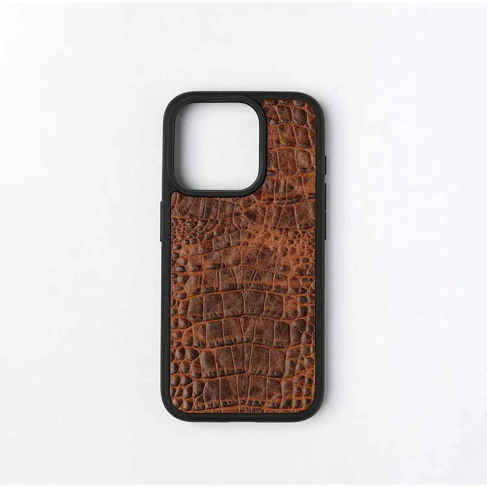 tobacco colored crocodile leather phone case with small and large textures